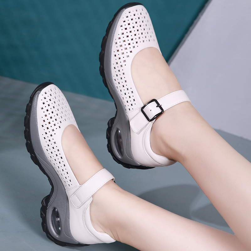 Genuine Leather One-Button Hollow Sandals, Travel Sneakers, Comfortable Air Cushion, Soft-Soled Walking Shoes, Lightweight and Versatile Casual Shoes