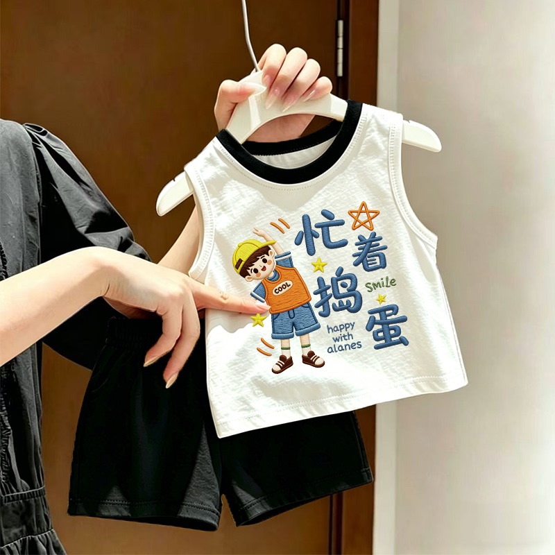 Sleeveless 2026 Cute Boys and Girls Summer Pure Cotton Black Collar Children's Two-Piece Set Vest and Shorts Thin Style Sleeveless 2026 Cute Boys and Girls Summer Pure Cotton Black Collar Children's Two-Piece Set Vest and Shorts Thin Style