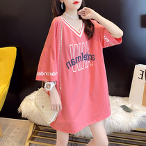 Summer fashion hot mom nursing clothes loose lazy wind T-shirt womens new medium-long wild V-neck out feeding clothes
