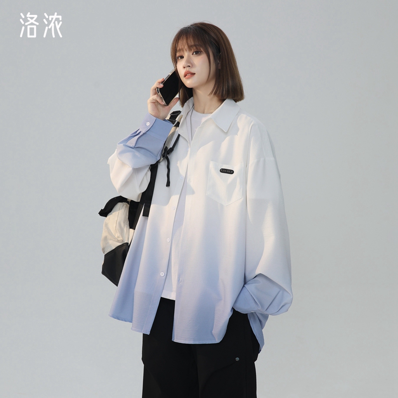 Unisex Spring and Summer Gradient Tie-Dye Casual Long-Sleeve Shirt Thin Jacket for Men and Women, Plus Size Trendy Student Style