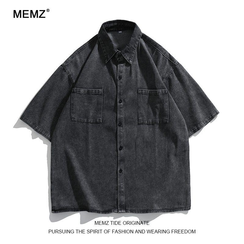 Memz Hong Kong Style Retro Simple Solid Color Denim Short-Sleeve Shirt for Men Trendy Brand Summer Versatile Student Square Collar Shirt Trendy