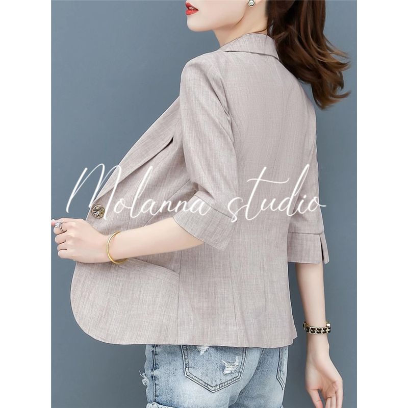 Molanna Three-Quarter Sleeve Blazer Short Jacket for Women, New Summer Casual Fashion Thin Style for Petite Ladies
