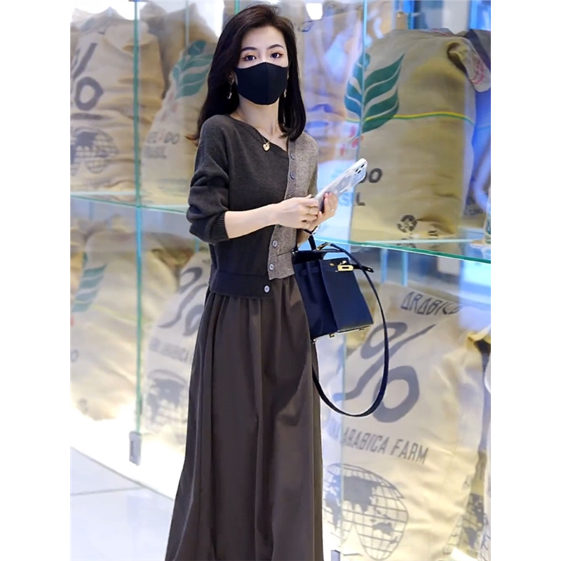 Knitted Long-Sleeved Dress for Women 2026 Spring and Autumn New Style Fashionable and Stylish Fake Two-Piece Splicing V Neck Women's Mid-Length Skirt