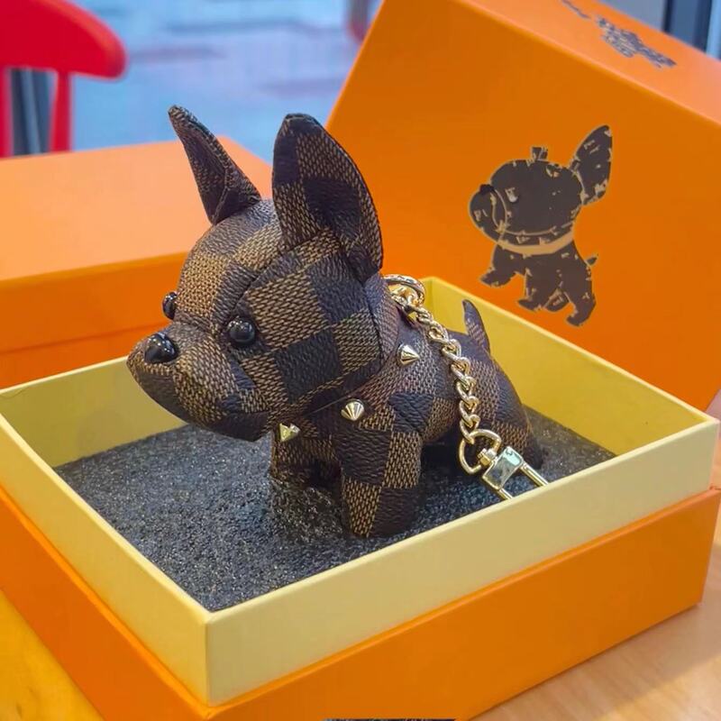 Suitable for Lv Unboxing Accessories, Monogrammed French Bulldog Ornament, Leather Car Keychain, Cute Dog Pendant