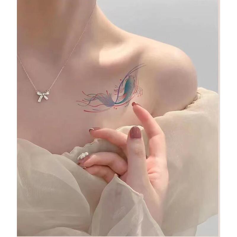 Colorful Koi Fish Tattoo Stickers, Waterproof, Long-Lasting, ins Styles, Same Style as on Xiaohongshu, Fresh and Artistic for Collarbone