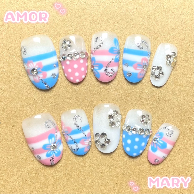 Vintage Baby Blue and Pink Polka Dot Striped Hibiscus Flower Cute Handmade Wearable Nails Vintage Baby Blue and Pink Polka Dot Striped Hibiscus Flower Cute Handmade Wearable Nails
