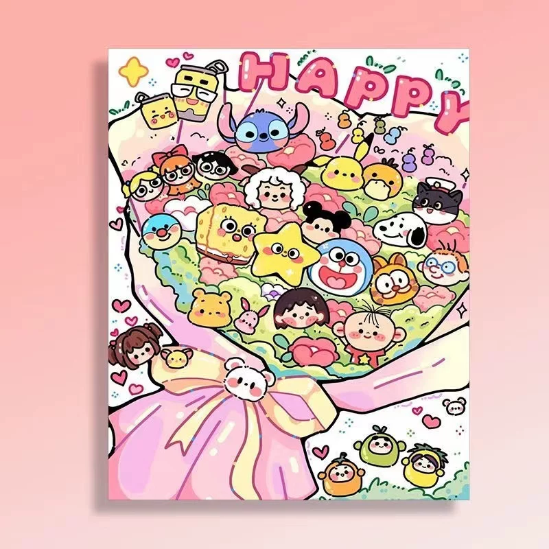 Мультяшная цифровая масло-краска картина, акрил, DIY, букет