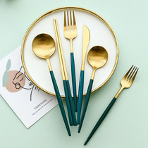 Nordic light luxury emerald 304 stainless steel western tableware Steak knife fork spoon chopsticks set INS gold tableware