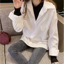 2021 autumn new white bottoming shirt stitching fake two-piece long-sleeved T-shirt womens lazy shirt ins wind top