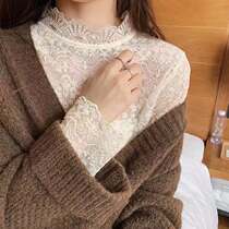 Large size womens lace bottoming shirt T-shirt spring new all-match thin long sleeves hollow inner half turtleneck top