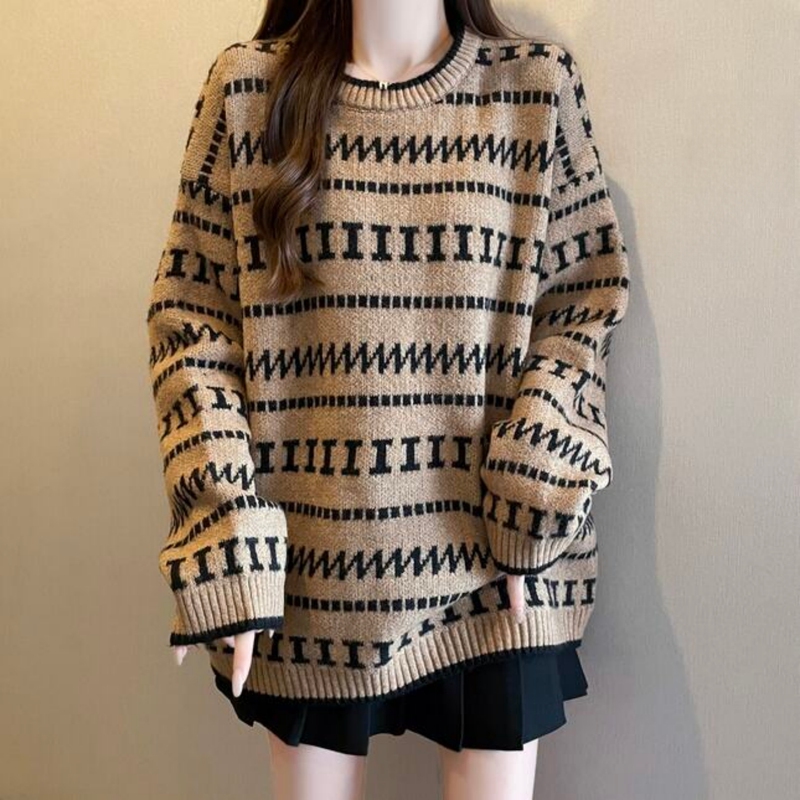 American Retro Striped Knit Base Shirt Sweater for Women, Spring and Autumn 2026, Plus Size, Slimming, Loose, Casual Top