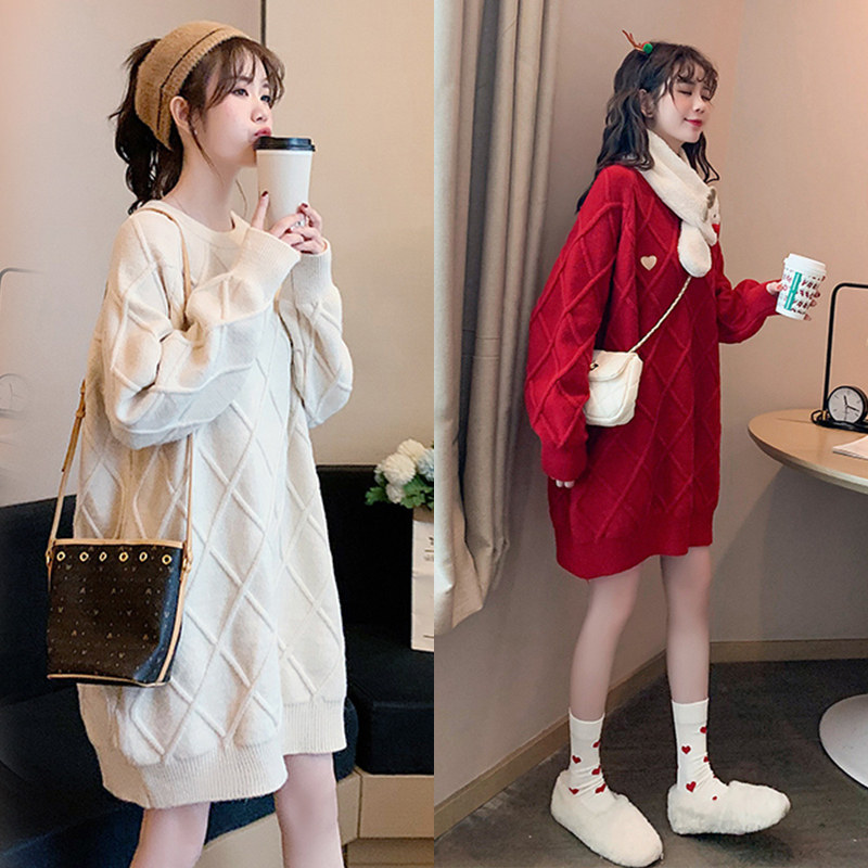Long version of knitted sweater skirt women 2021 autumn and winter New Large size fat sister loose lazy sweet cool wind dress