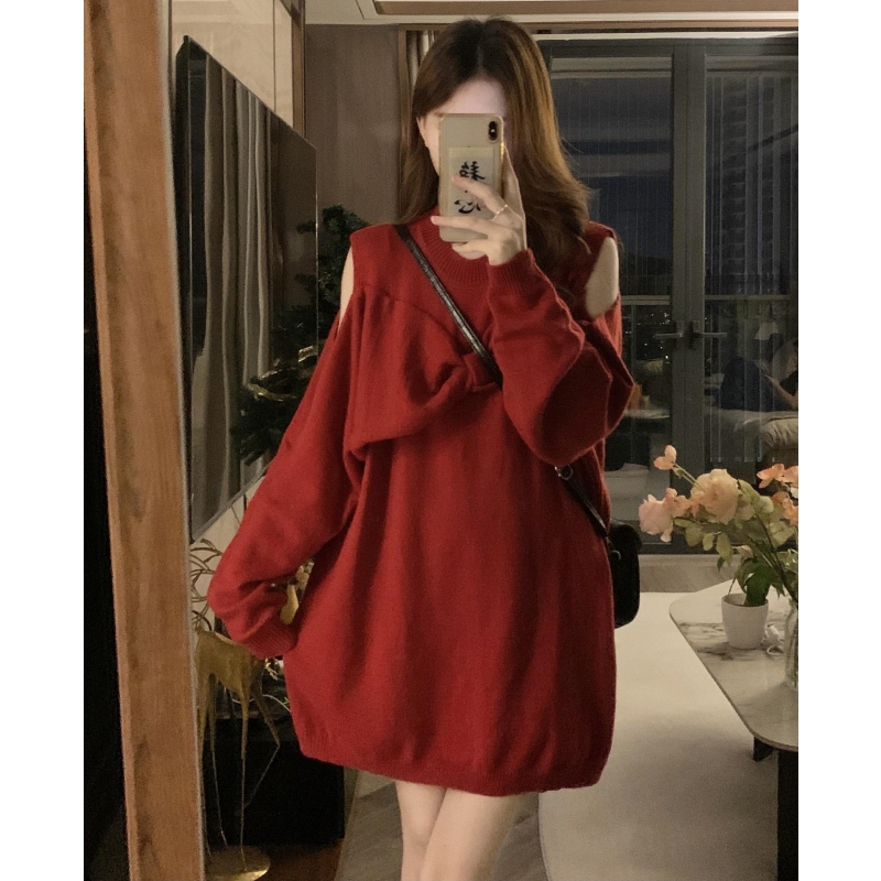 Mid-Length Red Sweater Dress for Women, Spring and Autumn, Plus Size, Slimming, Tummy-Covering, Stylish Off-Shoulder Knit Dress