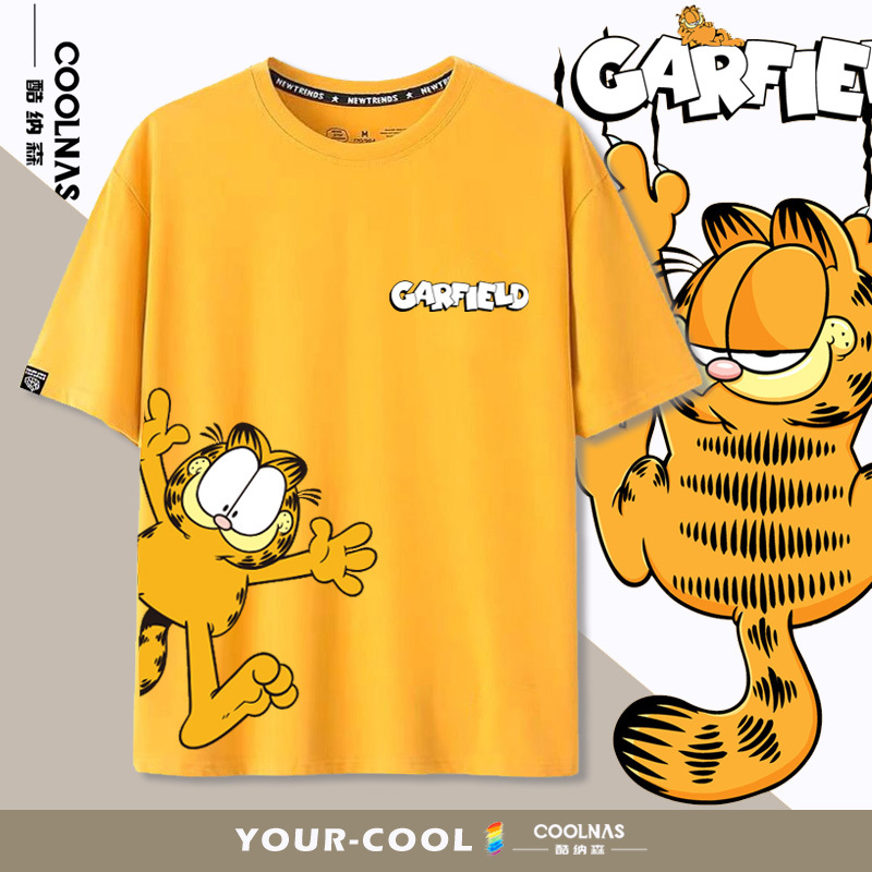 Garfield Cartoon Anime European and American Trendy Brand Short-Sleeved T-Shirt for Men and Women, Couple Wear, Summer Pure Cotton Half-Sleeve Clothing, Loose Fit