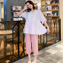 Summer thin short sleeve medium and long chiffon pregnant women shirt foreign pregnant woman summer doll shirt loose belly