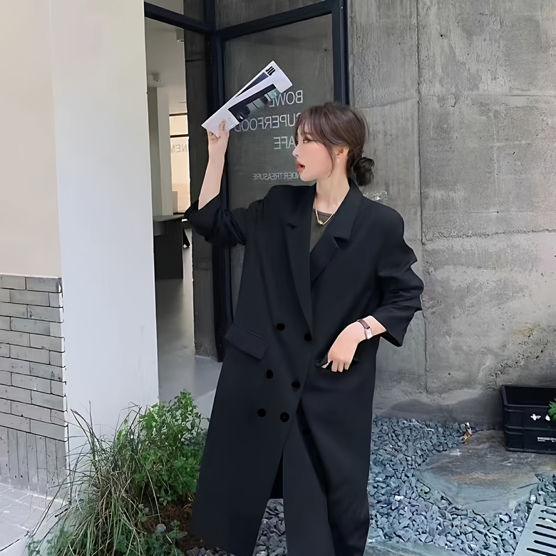 Black Long Suit with Regular Shoulders, Loose Fit, Niche Jacket, 2025 Autumn New Khaki Oversized Suit Jacket