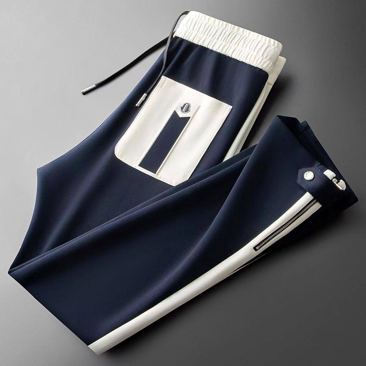 Осенне-зимние мужские модные длинные брюки контрастного цвета с высококачественной строчкой, бренд tide, на молнии, повседневные прямые узкие спортивные брюки Изображение 1