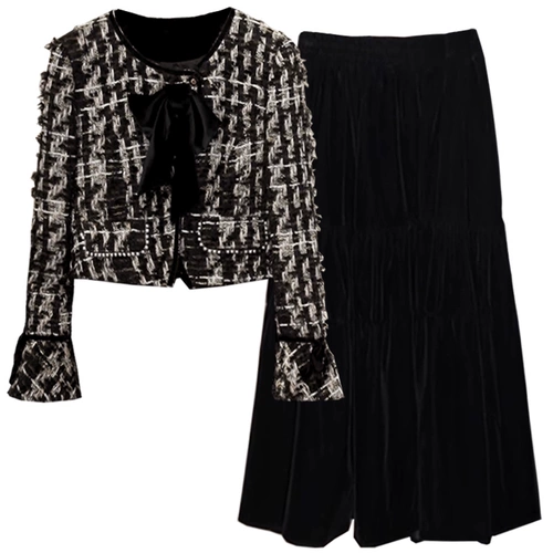 Демисезонная ретро плетеная бархатная куртка, юбка, комплект, в стиле Шанель