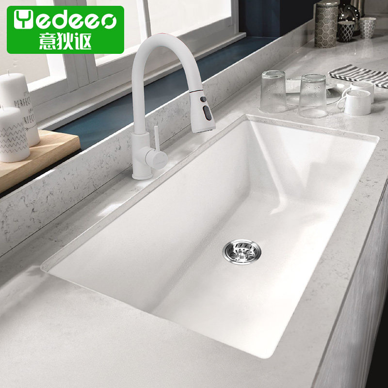 Ideon white quartz stone sink under the counter basin kitchen sink granite large single trough wash basin pool set