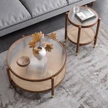 Nordic solid wood tea table combined modern minimalist Changhong glass round table shaped side a few small family vines made up of a few