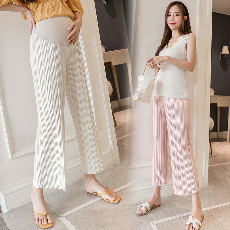 Pregnant women wide-leg pants ice silk pants summer striped nine-point pants loose thin section casual belly pants