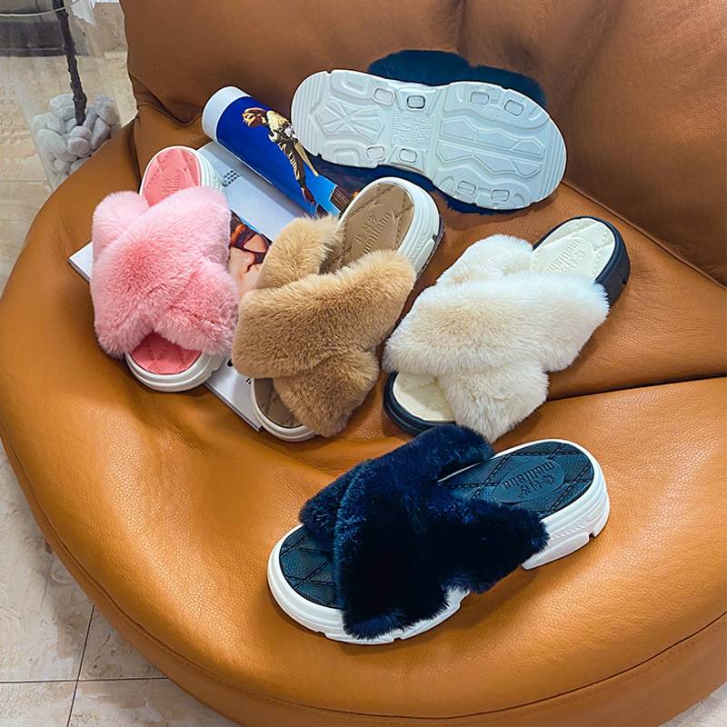 Shake Sonic Boom 5 2cm Heightening Slippers Women 2022 Fall Outside Wearing Wool Shoes Winter Pregnant Women Warm Cross Hair Tug 