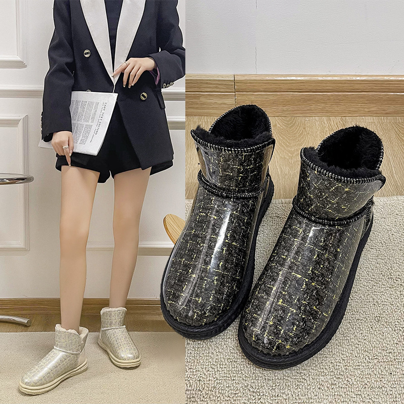 Snow Boots Woman Winter 2 New Plus Suede Thickening Plaid Students Warm Bread Cotton Shoes Short-Cylinder Short Boots 