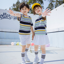 Primary School School Uniform Summer Clothing Short Sleeve Sports Suit Summer Round Collar Class Dress Kindergarten Landscaped Striped Graduation Clothing