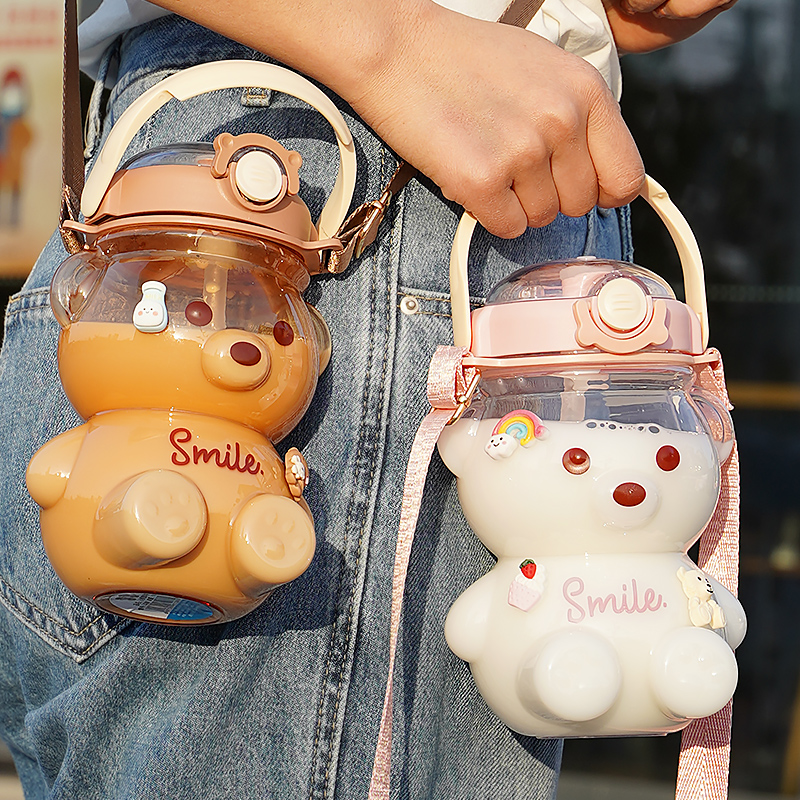 Cute Little Bear Water Glass Large Capacity Kettle Straw Cup Female High Face Value Children Portable Braces Plastic Cups Summer-Taobao