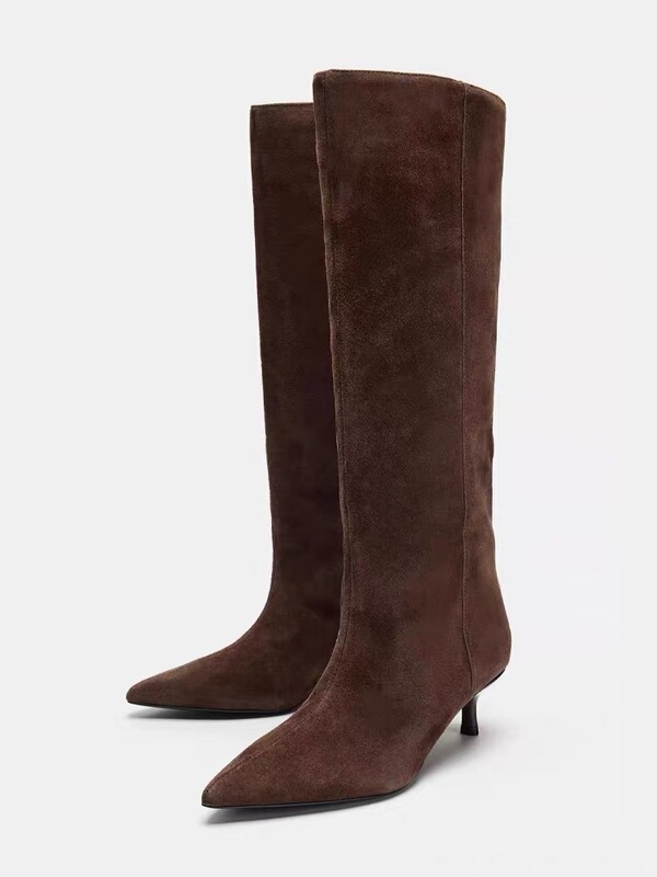 Za2026 Autumn and Winter New Brown Pointed-Toe High-Heeled Long Boots, Stiletto Heel, Over-The-Knee High Boots, Kitten Heel