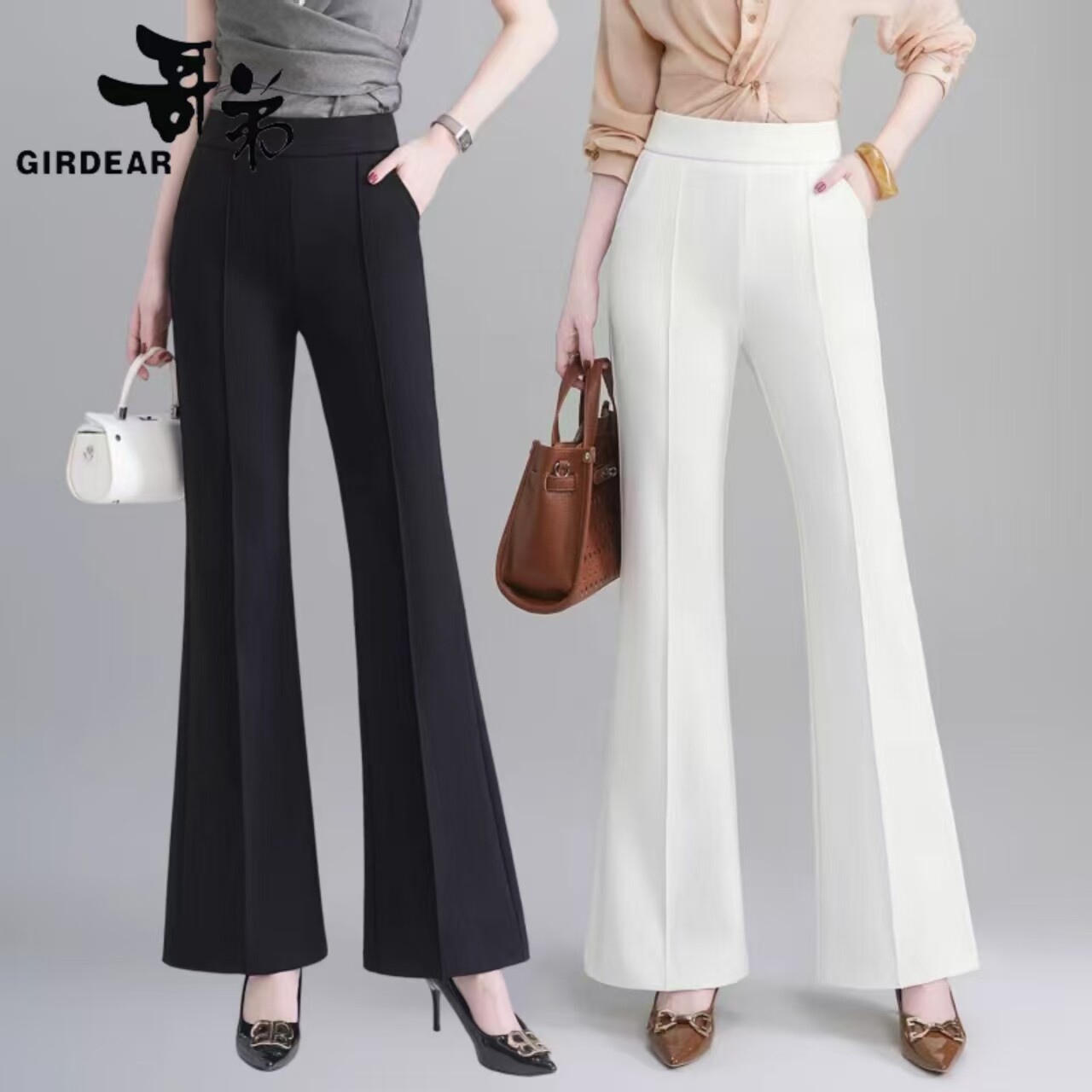 Brother &amp; Sister レディース 春秋新作 フレアパンツ、ハイウエスト、スリムフィット、伸縮性のあるブラックスーツパンツ（センターシーム入り）