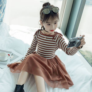女童秋装连衣裙网纱裙小女孩洋气条纹公主裙