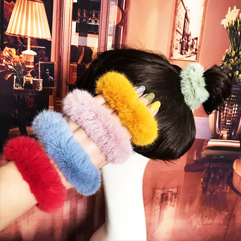 Net red autumn and winter plush head rope minimalist around children cute water mink hair ring new leather fascia women's hair rope leather sleeve-Taobao