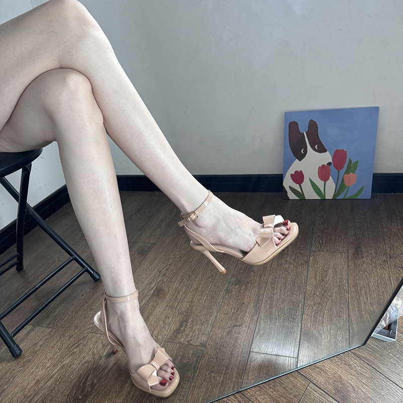 2026 French Square-Toe Stiletto High Heels for Women with Bow, Open-Toe, Single Strap, Stunning and Elegant Sandals That Are Comfortable and Not Tiring for the Feet