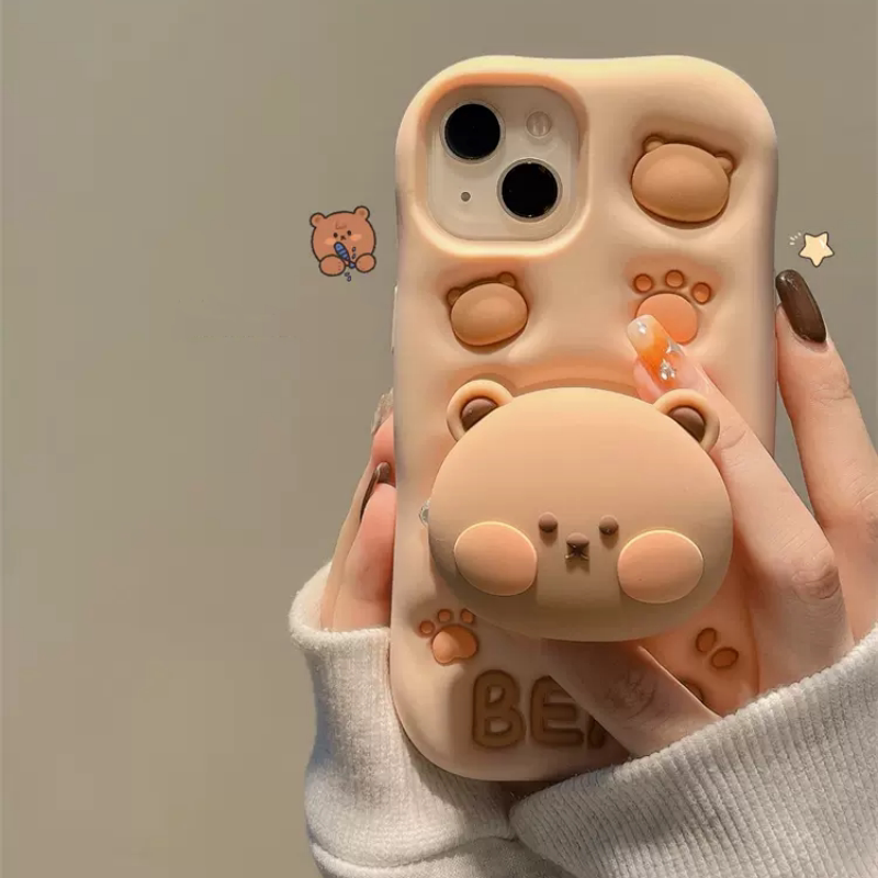 Korean and Japanese Style Milk Tea Brown Bear Stand Case for iPhone 16 Pro Max, Cute 3D Soft Silicone Case for iPhone 17, 15, 14 Plus, 13, 12 Mini, 11, Xs, New Model with Bracelet for Women