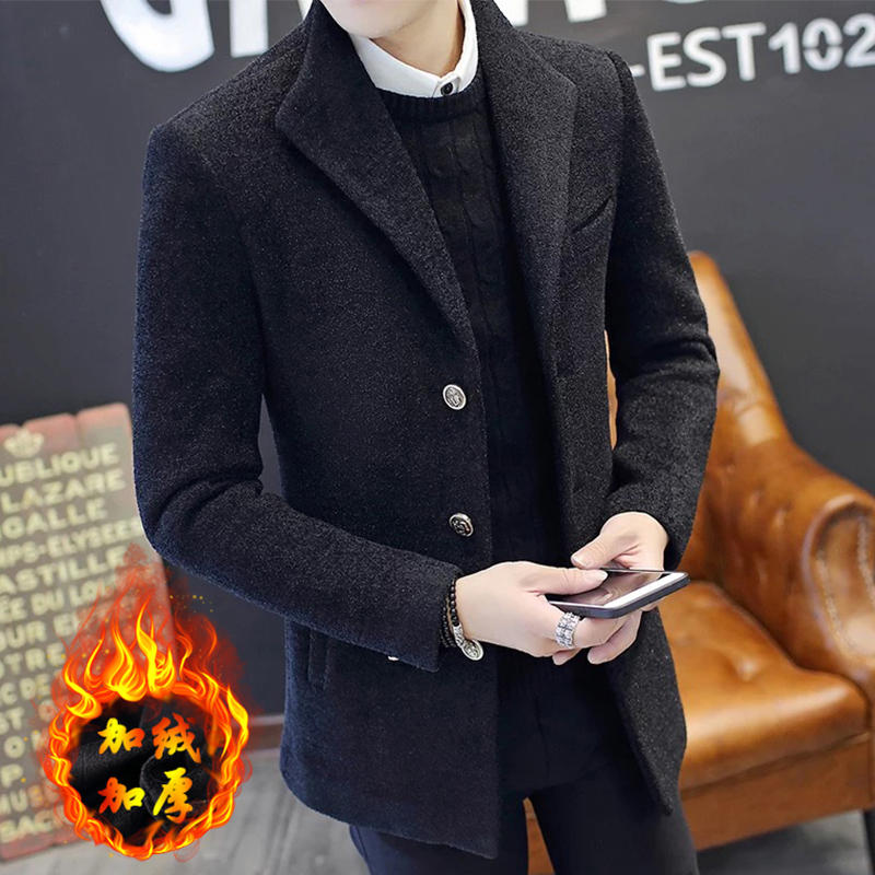 The windbreaker men's medium and long version of autumn and winter cotton Korean version of the trend woolen coat slim handsome woolen coat men thickened