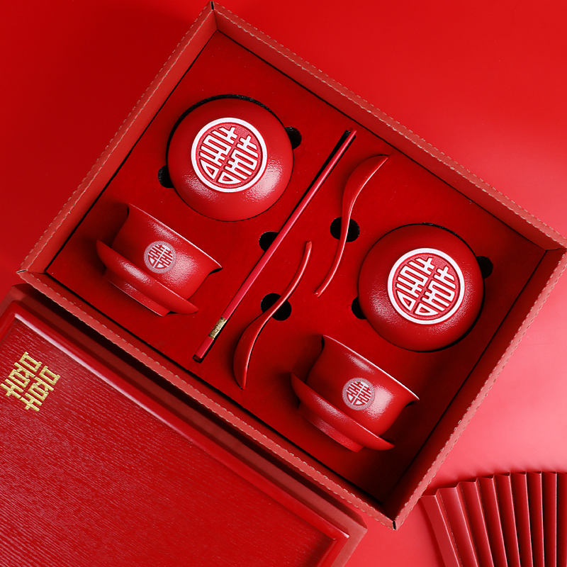 Wedding toast teacup happy bowl wedding pair of bowl set newcomer changed to toast teacup pair of red cover bowl wedding gift