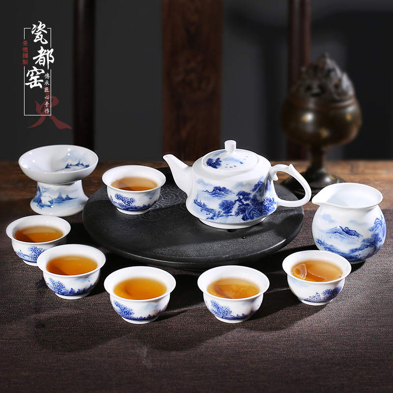 Jingdezhen up the fire which hand - made scenery kung fu tea set suit household porcelain cup lid bowl of a complete set of