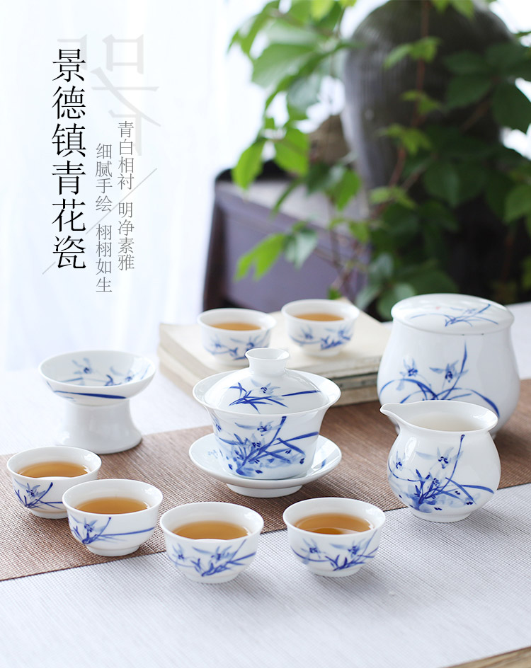 Jingdezhen up the fire which hand - made kung fu tea set of blue and white porcelain household ceramics tureen cups gift boxes