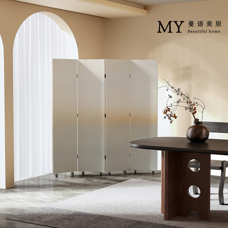 Cream-Style Folding Screen Partition, Movable Modern Minimalist Living Room Photography Backdrop, Simple Movable with Wheels