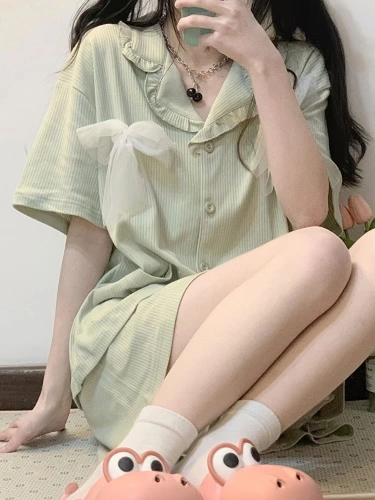 Японская летняя тонкая брендовая пижама, милый кардиган с бантиком, комплект, короткий рукав