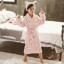 Girls  pajamas Autumn and winter thickened flannel childrens nightgown Autumn coral velvet home service bathrobe one piece on behalf of hair