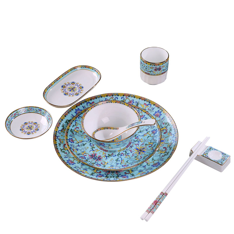 Jingdezhen ceramics colored enamel bowls plates spoon tableware portfolio suit Chinese style household ipads porcelain flat plate custom