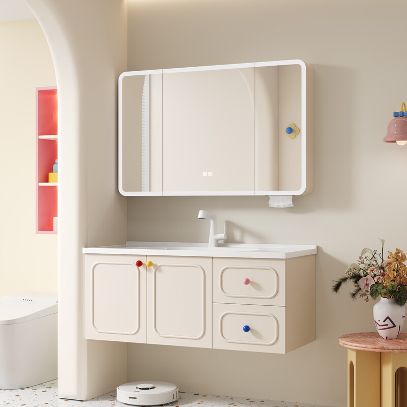New Dopamine-Style Oak Smart Bathroom Cabinet with Cream-Colored Ceramic Integrated Washbasin Cabinet Set