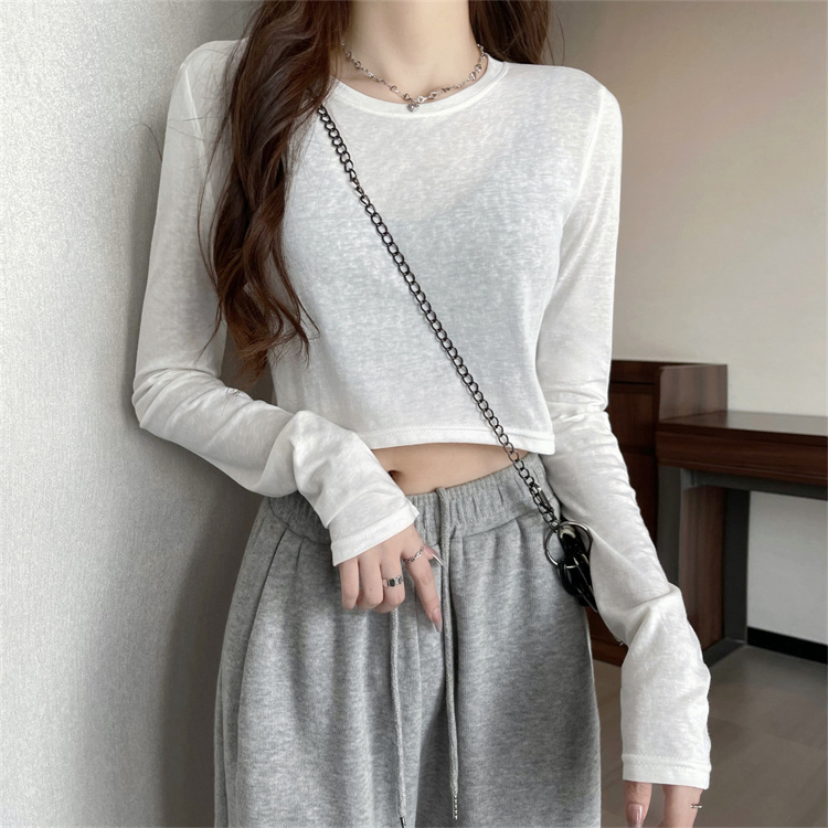 Mesh Round-Neck T-Shirt Sun Protection Clothing Summer Long-Sleeve Thin Pullover Top for Petite Sizes Paired with High-Waisted Pants