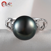 Tahiti black pearl ring sea water pearl ring surrounded by silver inlaid with peacock green bottom round strong luster for mother girlfriend