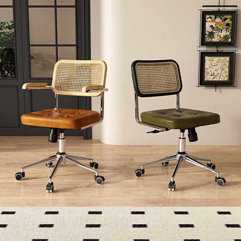 Computer Chair for Home Use, Rattan Retro Writing and Office Chair, Study Desk Swivel Chair with Backrest and Adjustable Height