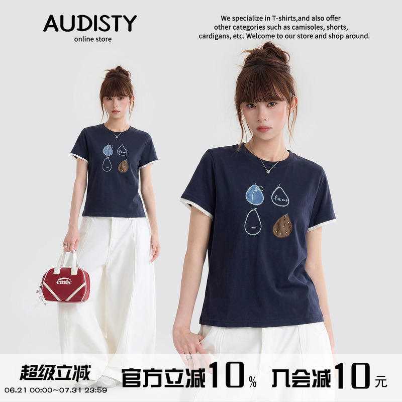 Audisty Navy Blue Lace Floral Print Round Neck Short-Sleeved T-Shirt for Women 2026 Summer High-End Slim-Fit Top Audisty Navy Blue Lace Floral Print Round Neck Short-Sleeved T-Shirt for Women 2026 Summer High-End Slim-Fit Top