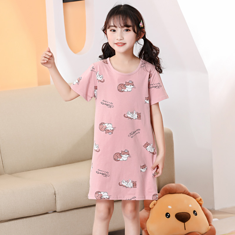 Children's nightgown pure cotton short-sleeved summer thin girls' pajamas princess girls middle and large children's home clothes new children's clothing