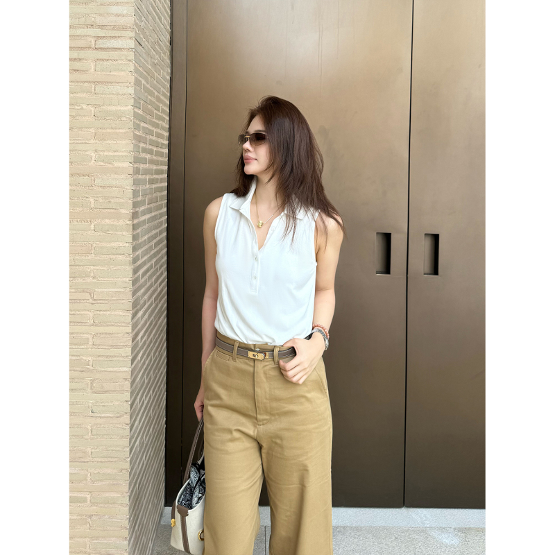 【Reverse Dream】Minimalist Polo Collar Vest, Stylish Solid Color Commuter White Sleeveless Vest for Women
